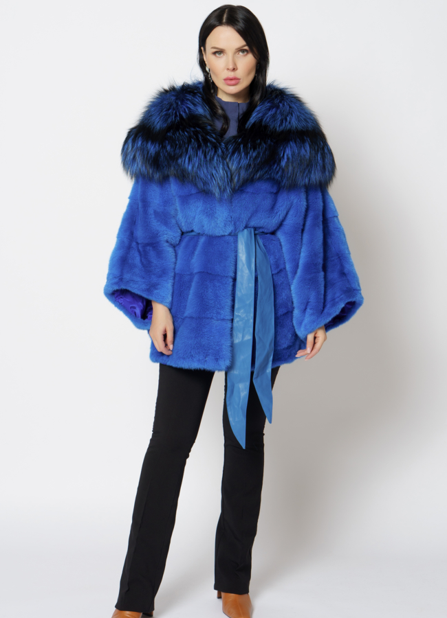 фото Норковая шуба синего цвета с капюшоном из чернобурки модель № 19443