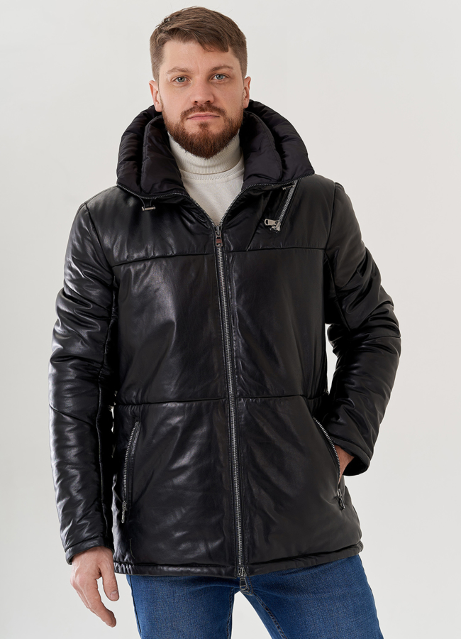 Мужской пуховик из натуральной кожи с капюшоном  модель № 79464 меха малина