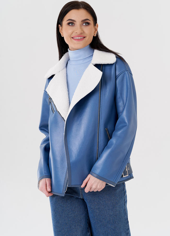 Женская короткая эко дубленка в голубом цвете модель № 24314 универмаг малина