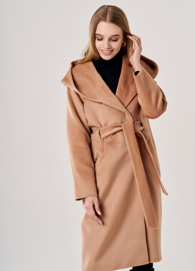 Пальто женское коричневого цвета с капюшоном модель № 038 универмаг малина