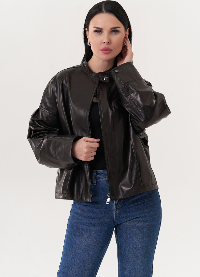Кожаная куртка черного цвета модель № 26844 универмаг малина