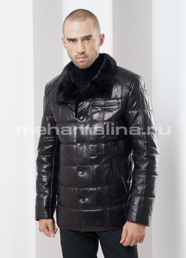 Кожаный пуховик с норкой модель № ПМ-72 универмаг малина