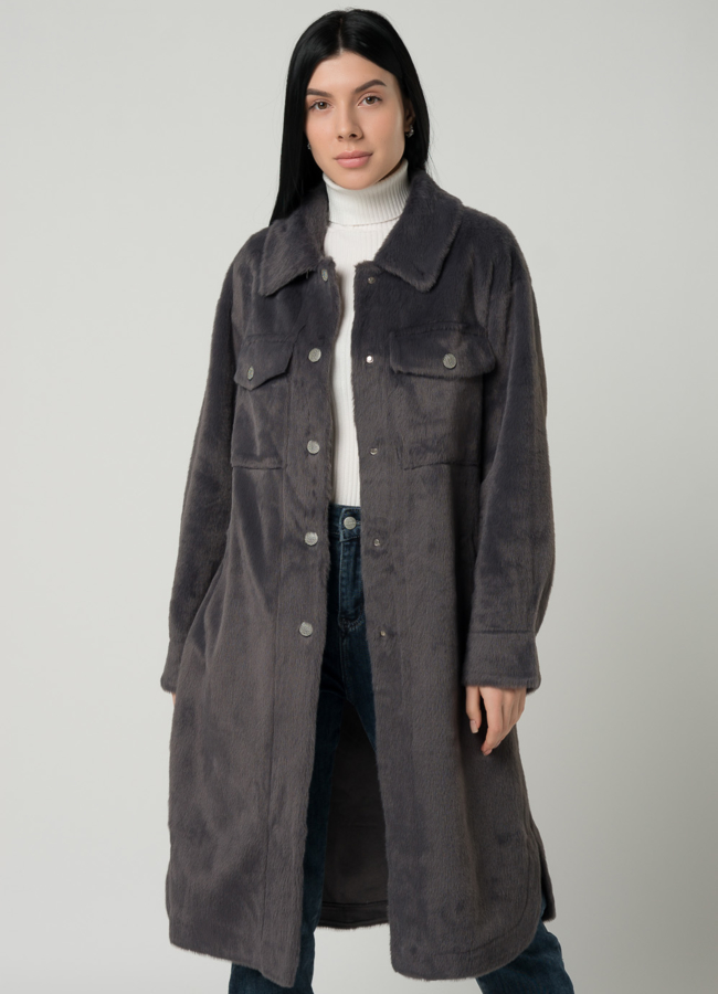 Женское пальто-рубашка темно-серого цвета модель № 22437 универмаг малина