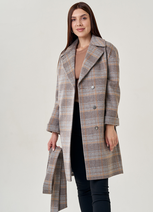 Бежевое женское пальто в клетку модель № 22949 универмаг малина