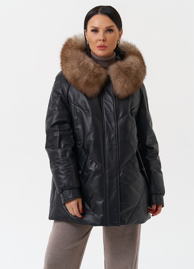 Женский кожаный пуховик с капюшоном модель № 28912 меха малина