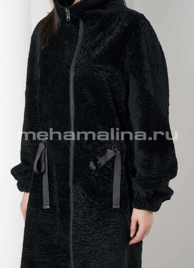 Дубленка черного цвета на молнии с воротником стойка  модель № 7879 универмаг малина
