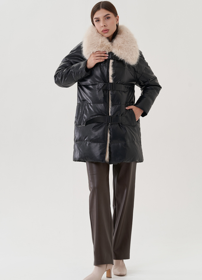 Пуховик из эко кожи с воротником из эко меха  модель № 24868 в кредит