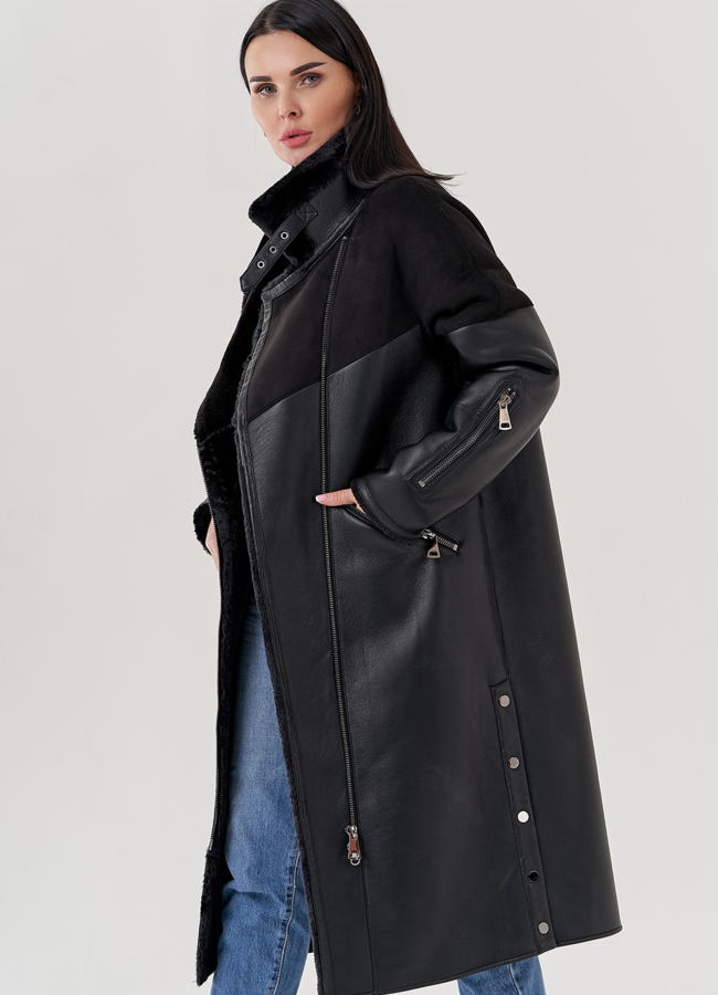 Женская дубленка из эко кожи черного цвета  модель № 79496 универмаг малина