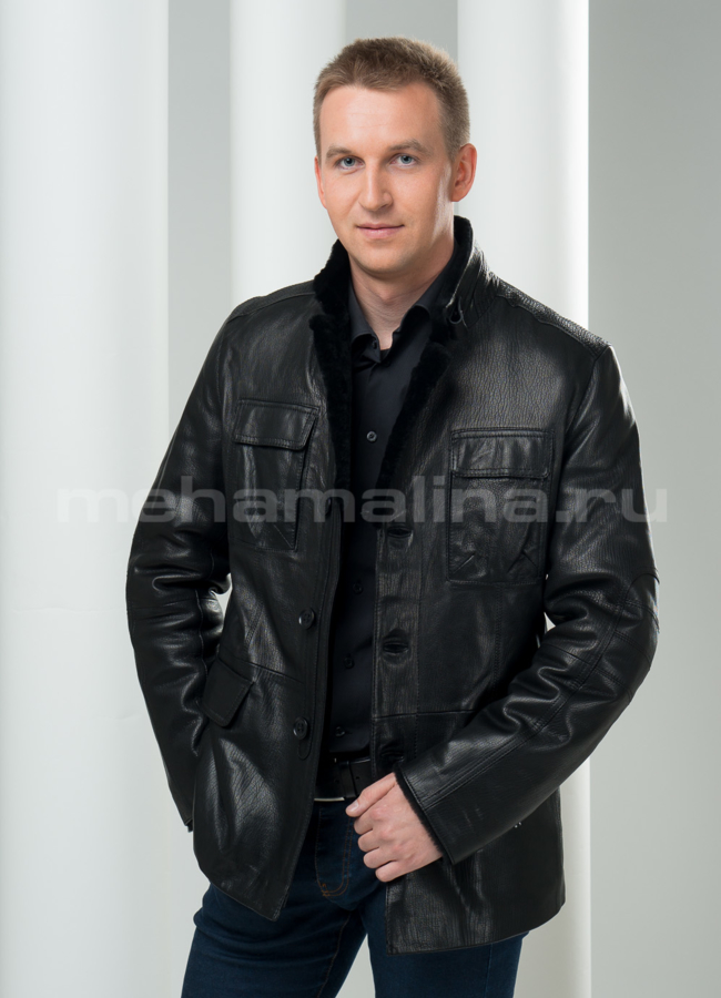 Кожаная дубленка черная Jumbo  модель № DM-61 меха малина