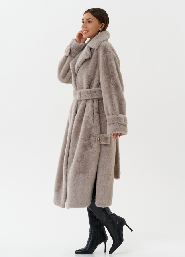 Пальто из экомеха с поясом  модель № 27796 универмаг малина