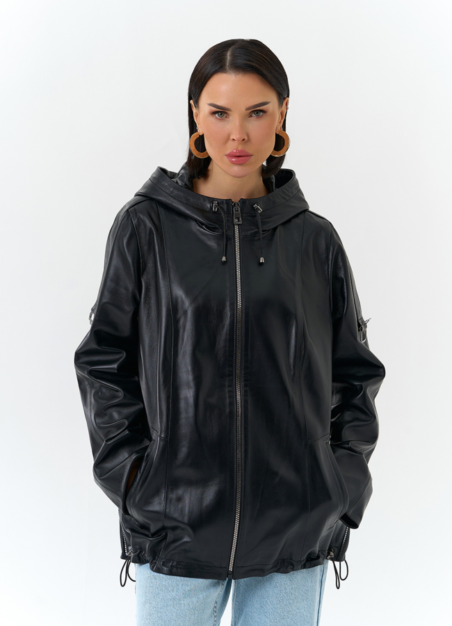 Женская куртка из натуральной кожи с капюшоном модель №  универмаг малина