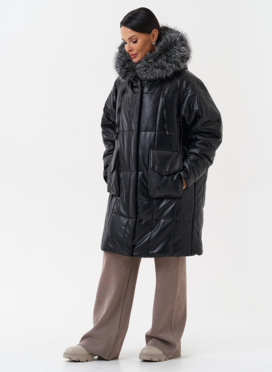 Пуховик из эко кожи с капюшоном из эко меха 