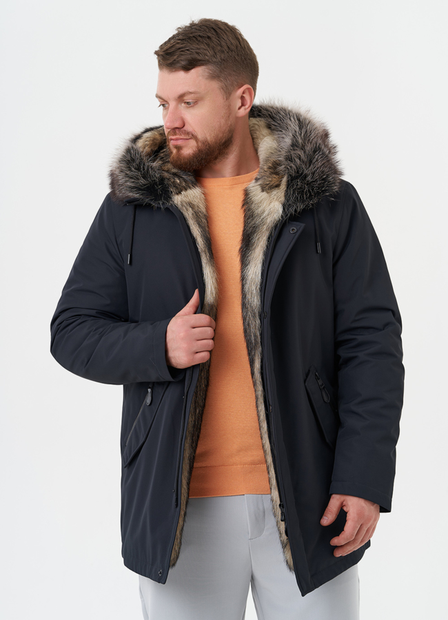 Полупальто с капюшоном из меха енота модель № 26152 универмаг малина