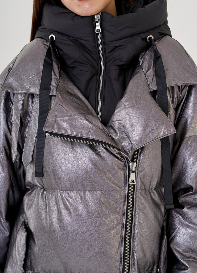 Серебристый пуховик Malina Siberian из эко кожи модель № 79214 универмаг малина