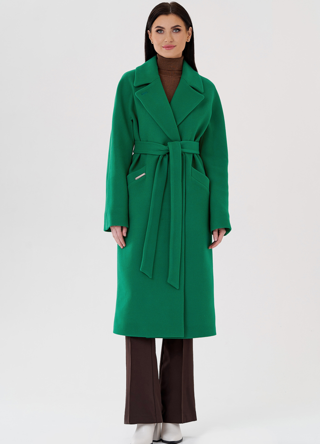 Длинное женское пальто в зеленом цвете модель № 24293 в рассрочку