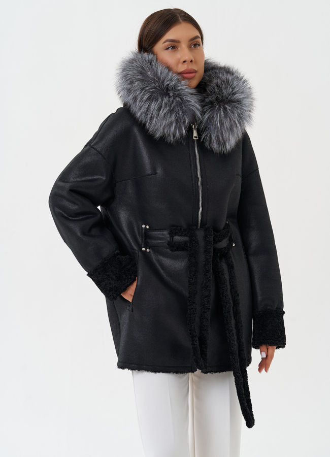 фото Двухсторонняя дубленка из эко кожи с капюшоном модель № 27772