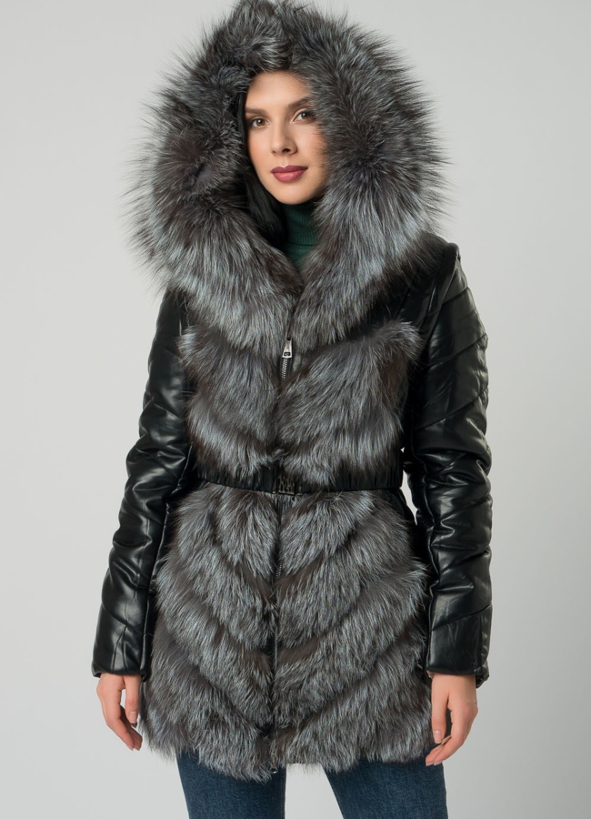 Пуховик трансформер из эко кожи черного цвета с чернобуркой модель № 19560, 76642 в кредит