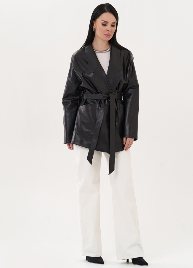 Кожаная куртка-пиджак с поясом модель № 26952 в кредит