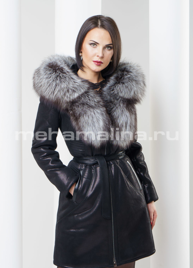 Дубленка из искусственной кожи черного цвета с чернобуркой модель № W-10 в кредит