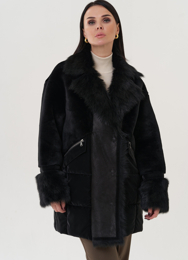 Женский пуховик с отделкой из тосканы  модель № 25910 в рассрочку