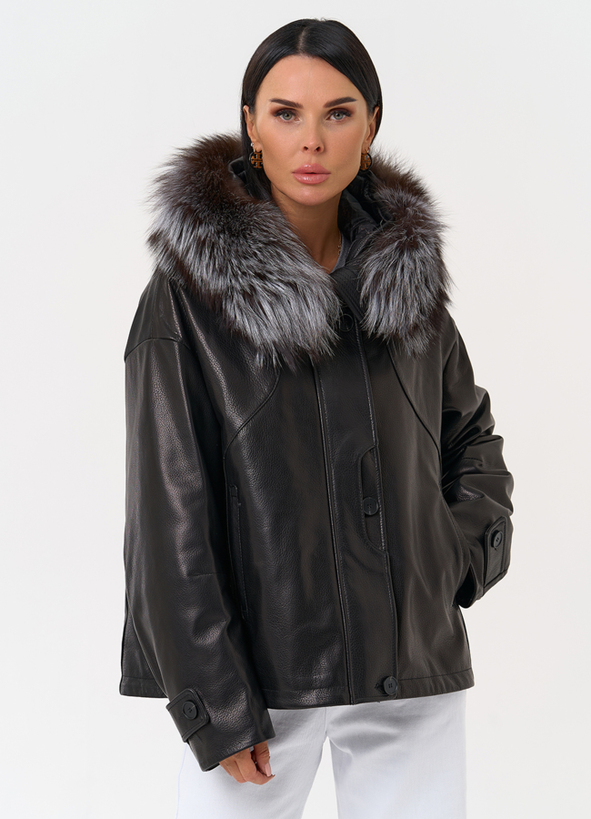 Куртка с капюшоном из натуральной кожи модель № 6695 универмаг малина