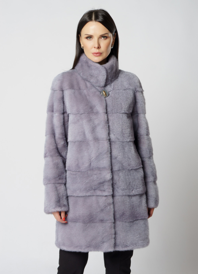 Норковая шуба с воротником стойкой голубого цвета модель № S-811 меха малина