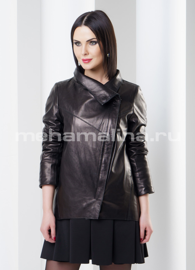 Кожаная куртка модель № K-312 меха малина