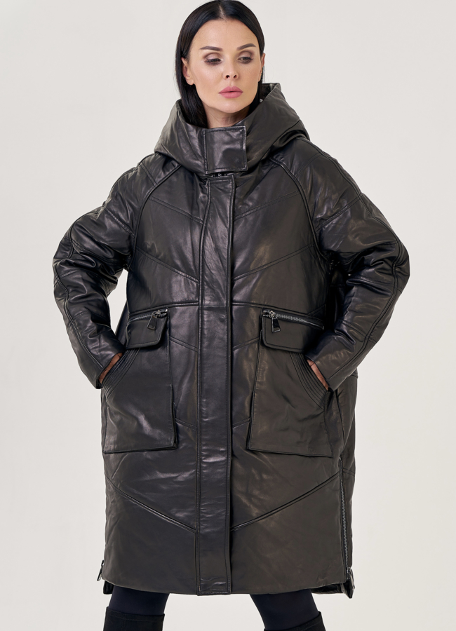 Женский пуховик из натуральной кожи с капюшоном модель № 23266 универмаг малина