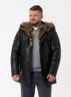 Мужская натуральная дубленка на волке с отделкой из меха енота