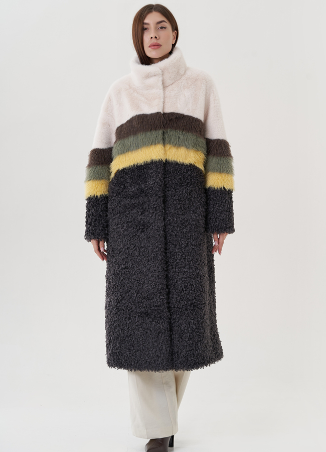 Удлиненное женское пальто из эко меха модель № 25682 меха малина