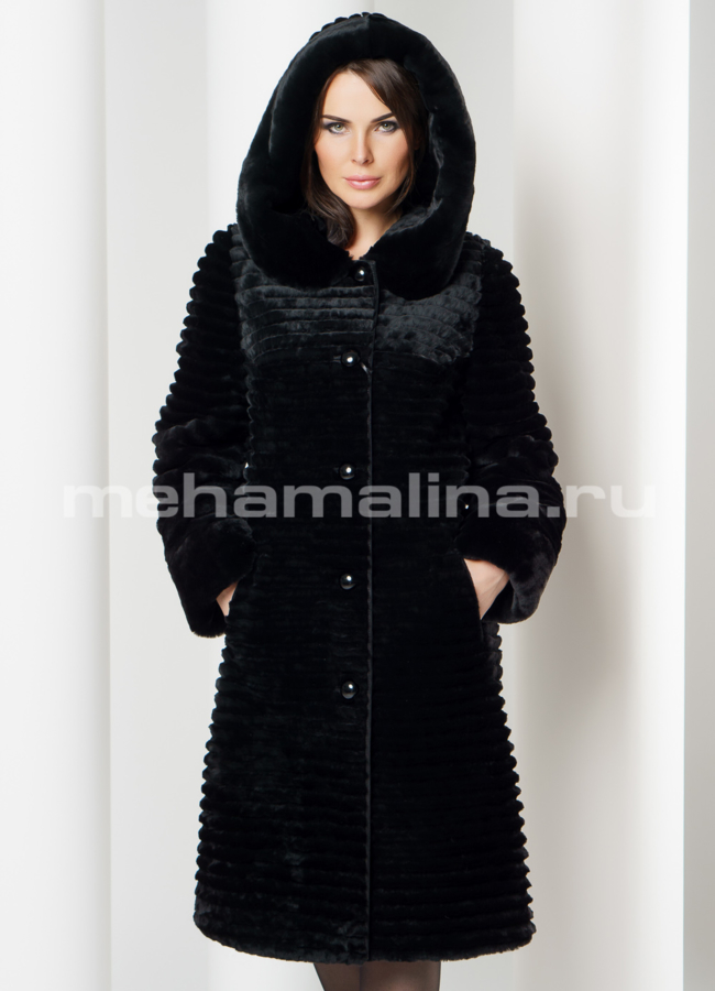 Черная шуба модель № S-605 меха малина