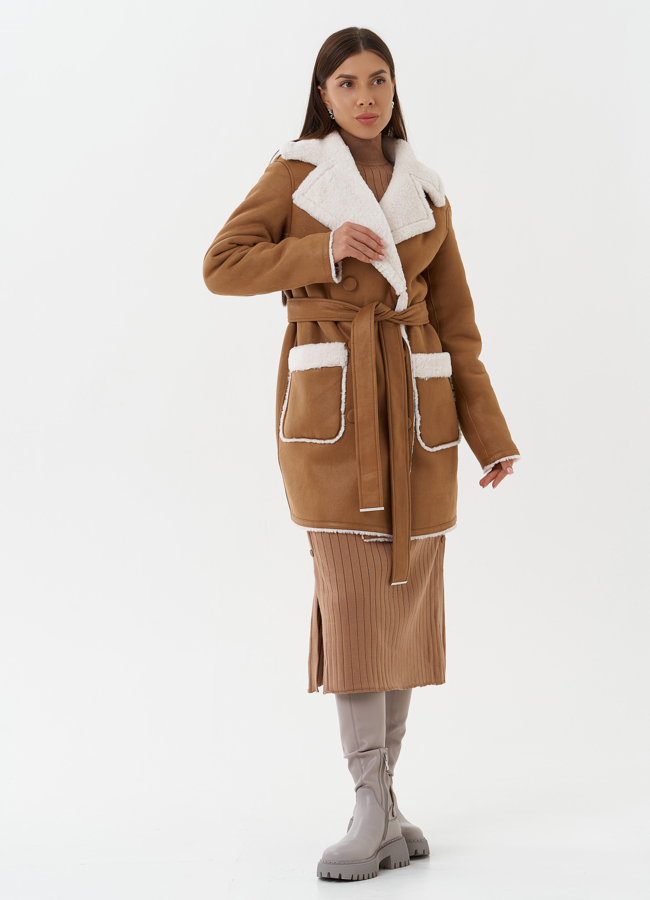 фото Двухсторонняя дубленка из эко кожи с поясом модель № 27768