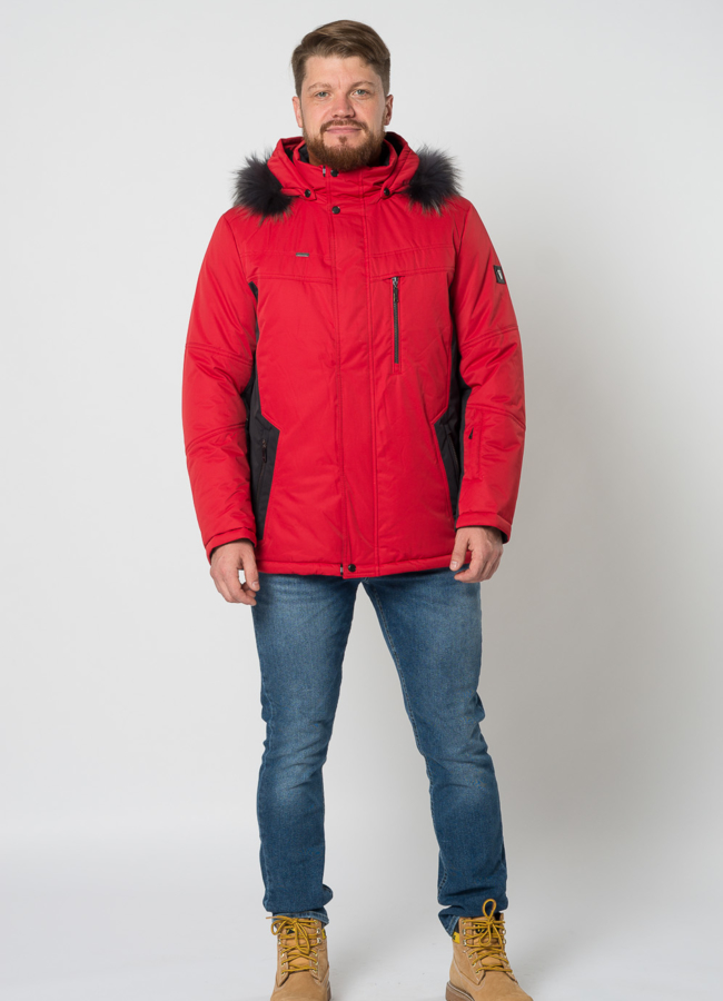 фото Куртка красного цвета на молнии с капюшоном, отделка енот модель № 21666