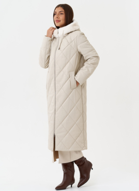 Женский стеганый пуховик из эко кожи с капюшоном