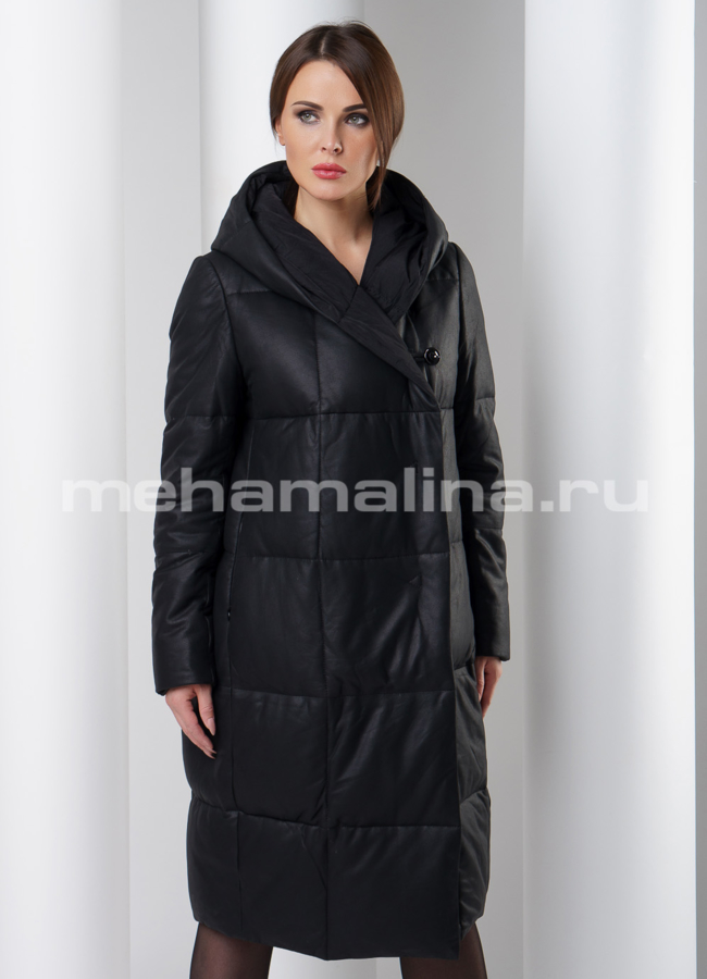 Кожаное пальто с капюшоном модель № K-387 меха малина