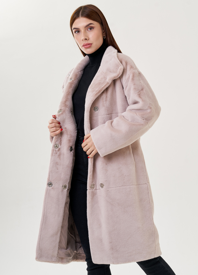 Женское пальто из искусственного меха бежевого цвета  модель № 23536 универмаг малина