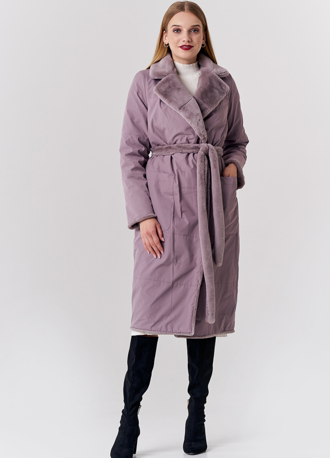 Двустороннаяя шуба из экомеха светло-розового цвета с английским воротником и поясом модель № 21143 универмаг малина