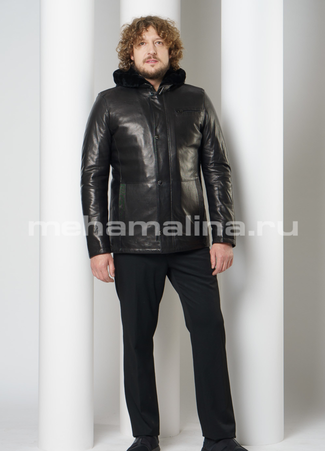 фото Пуховик из натуральной кожи с капюшоном модель № ПМ-110