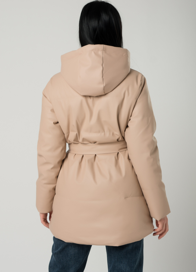 Утепленная женская куртка из эко кожи с капюшоном модель № 22320 в кредит