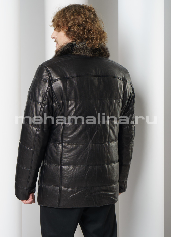 Пуховик из натуральной кожи на пуговицах с английским воротником модель № ПМ-105 в кредит