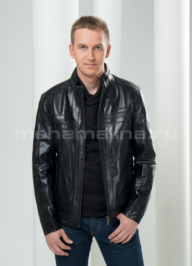 фото Кожаная куртка черная, воротник стойка  модель № KP-69