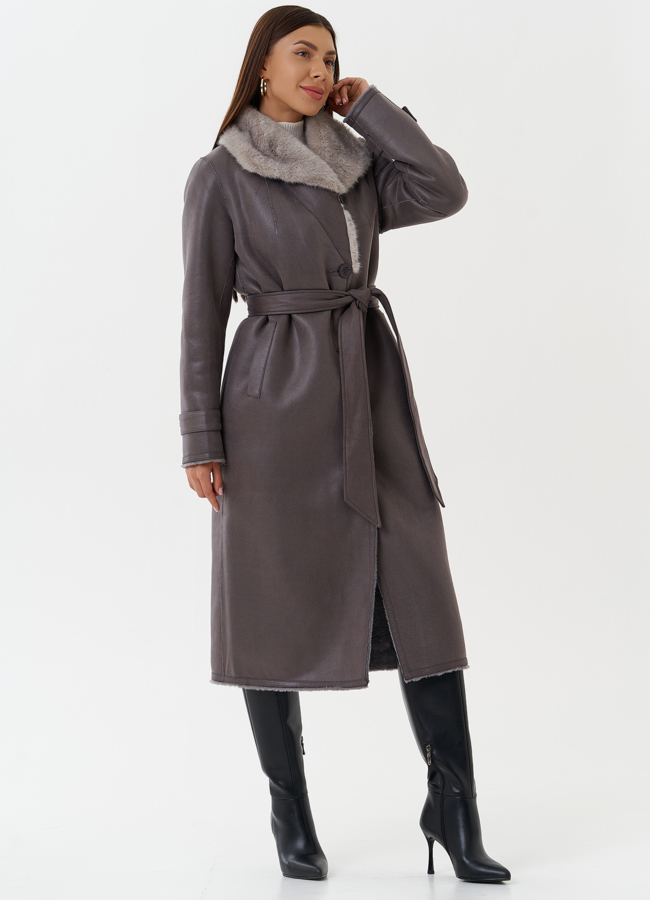 Длинная дубленка из эко кожи с воротником шаль модель № 27782 в кредит