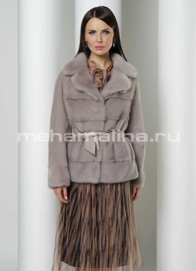 Укороченная норковая шуба с английским воротником модель № S-766 меха малина
