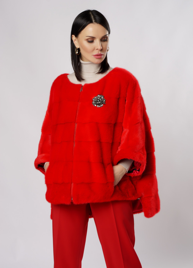 Куртка из норки красного цвета модель № S-857 меха малина