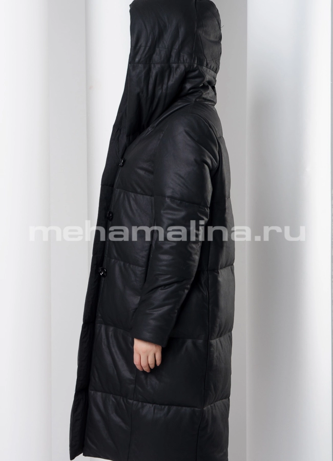 Кожаное пальто с капюшоном модель № K-387 универмаг малина