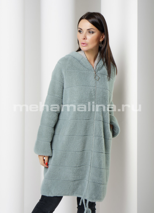 Пальто из микроворса с капюшоном на молнии модель № 1878 меха малина