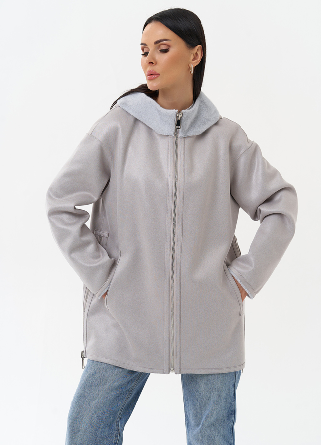 Двухсторонняя дубленка из эко замши с капюшоном модель № 29986 универмаг малина