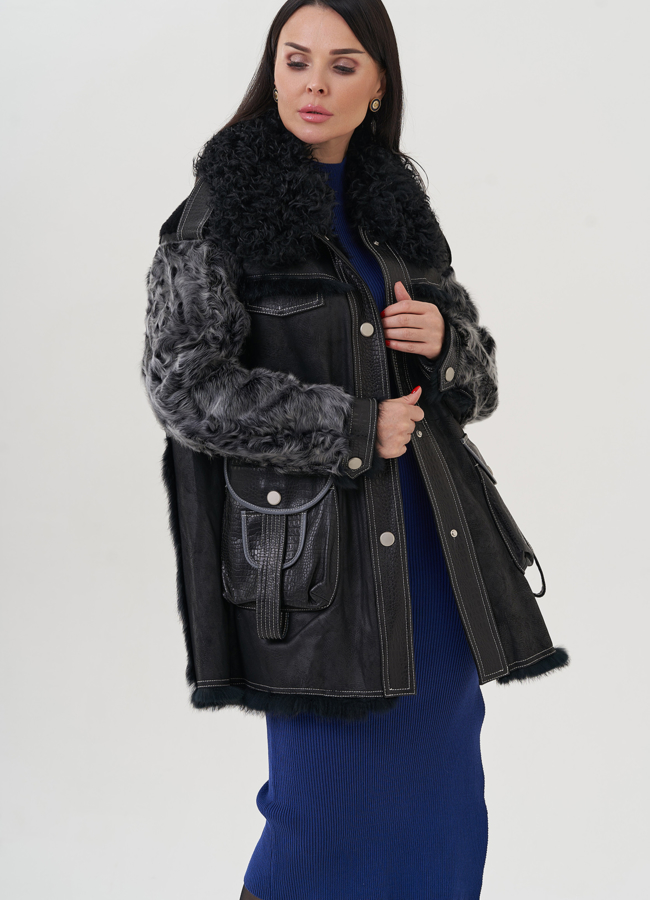 Полупальто черное из меха кролика модель № 25547 универмаг малина