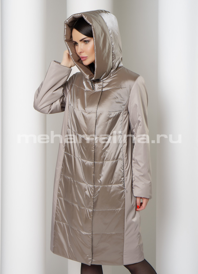 Пальто бежевого цвета на молнии с капюшоном модель № 1860 универмаг малина
