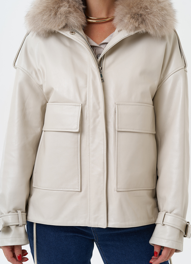 Женский кожаный пуховик с отделкой из песца модель № 28525 универмаг малина